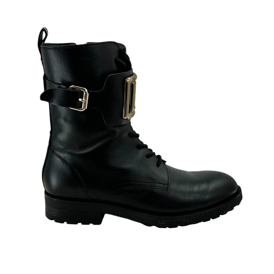 Love Moschino Black Leather LM Logo Combat Boots