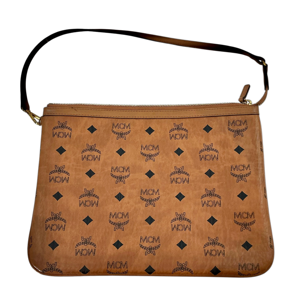 MCM Visetos Medium Aren Flat Pouch Bag – Cognac