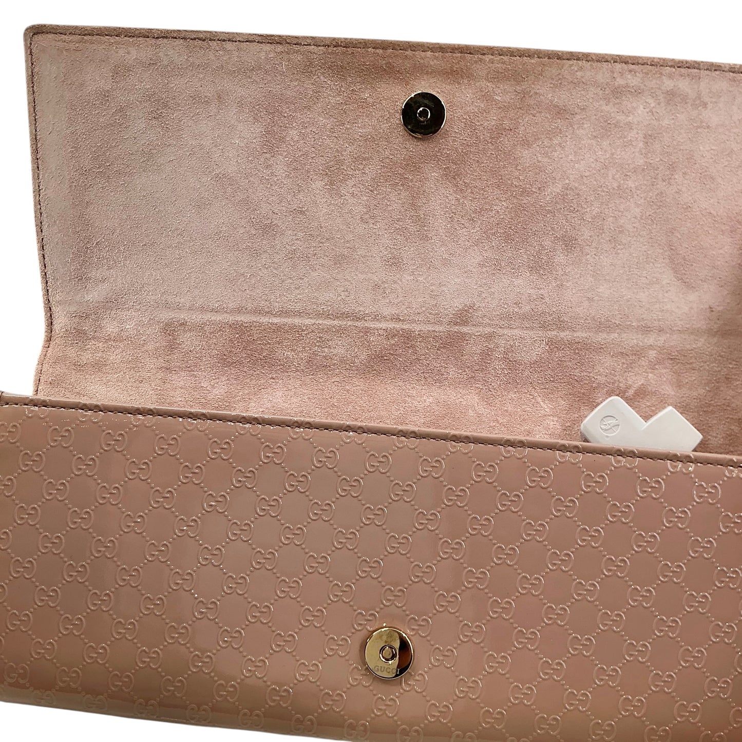 Gucci Beige Nude Micro GG Monogram Broadway Patent Leather Flap Clutch