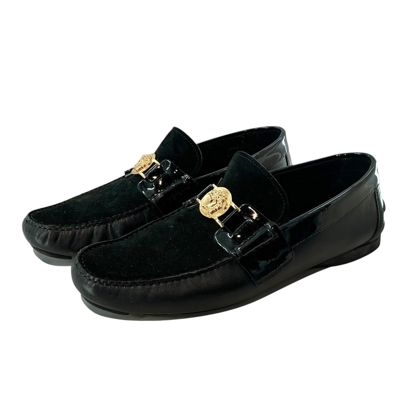 Versace Black Suede & Patent Leather Medusa Loafers