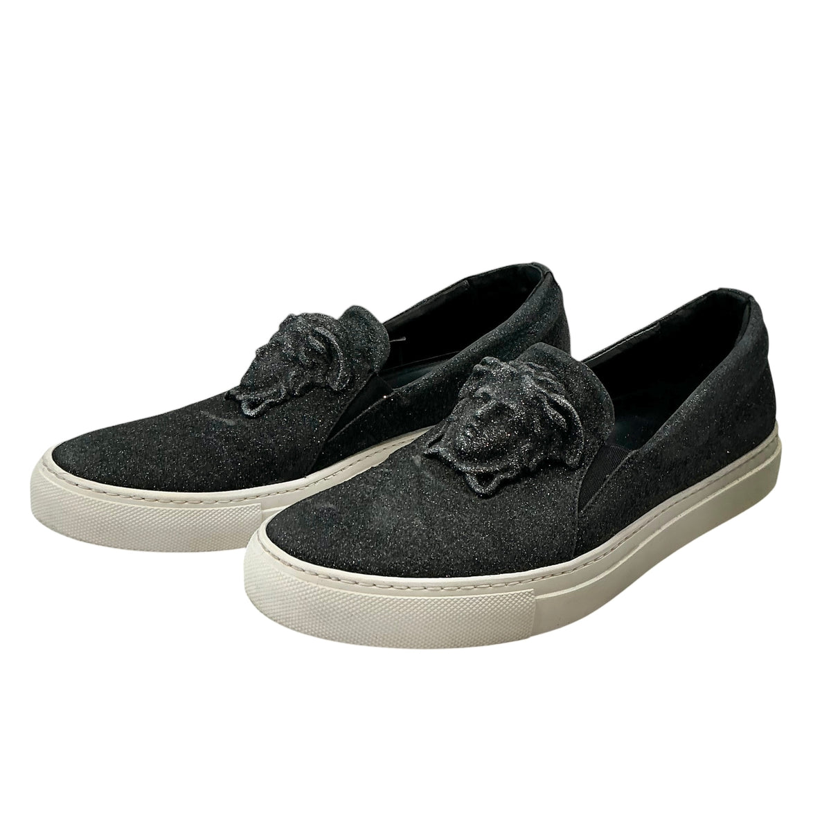 Versace Black Glitter Medusa Palazzo Slip-On Sneakers