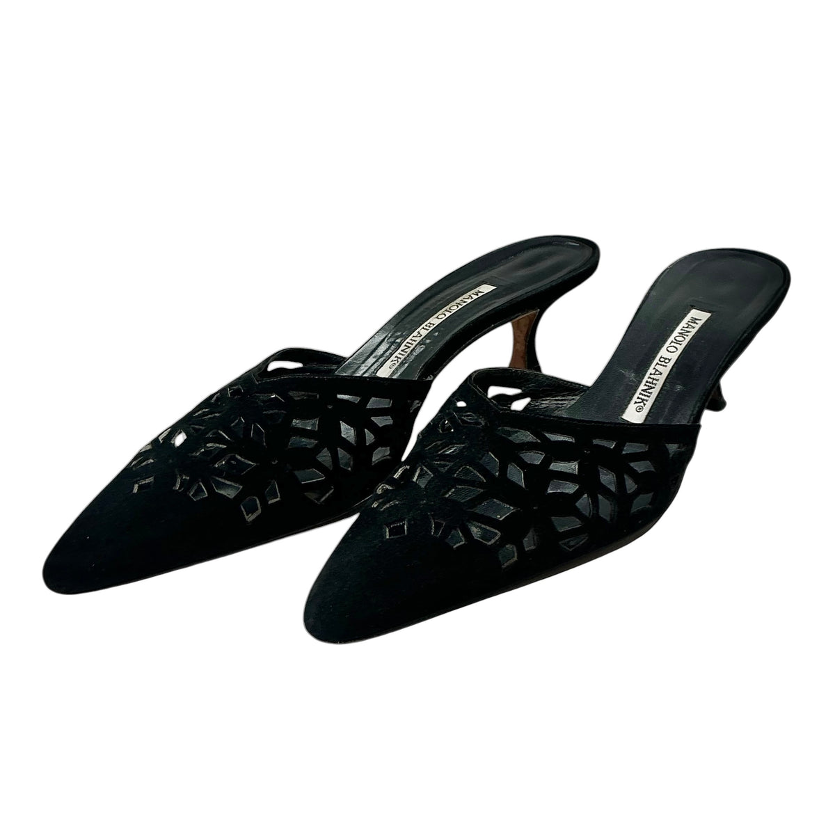 Manolo Blahnik Black Suede Laser Cutout Mules / Kitten Heels