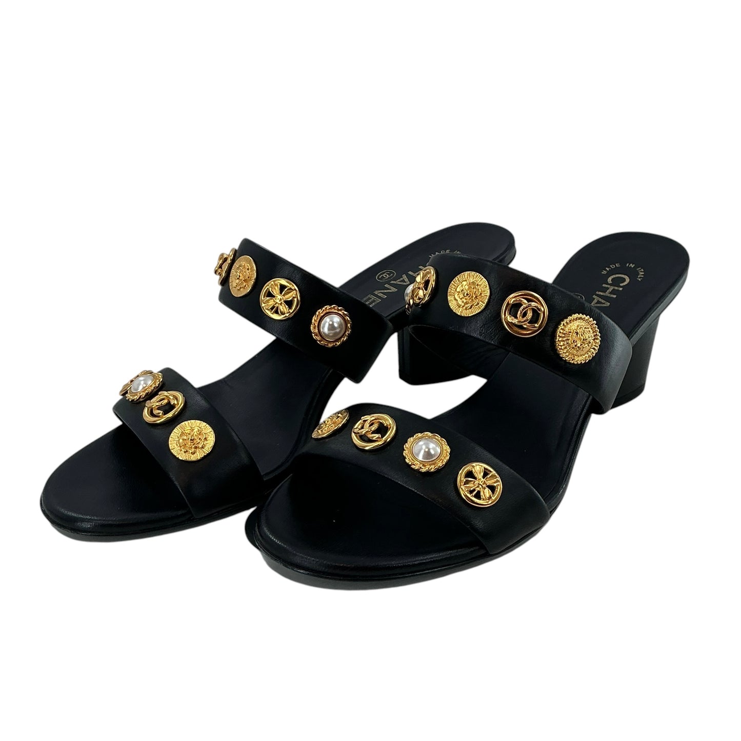 Chanel Embellished Leather Button Slide Sandals