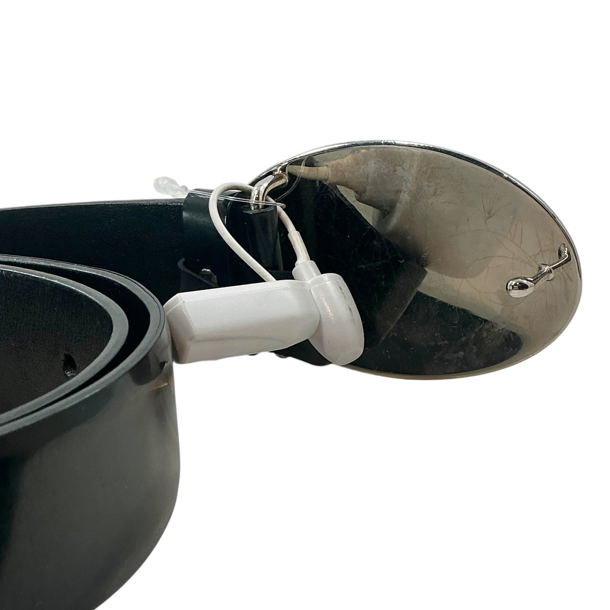 Prada Black Leather Belt with Silver Oval Logo Plaque Buckle