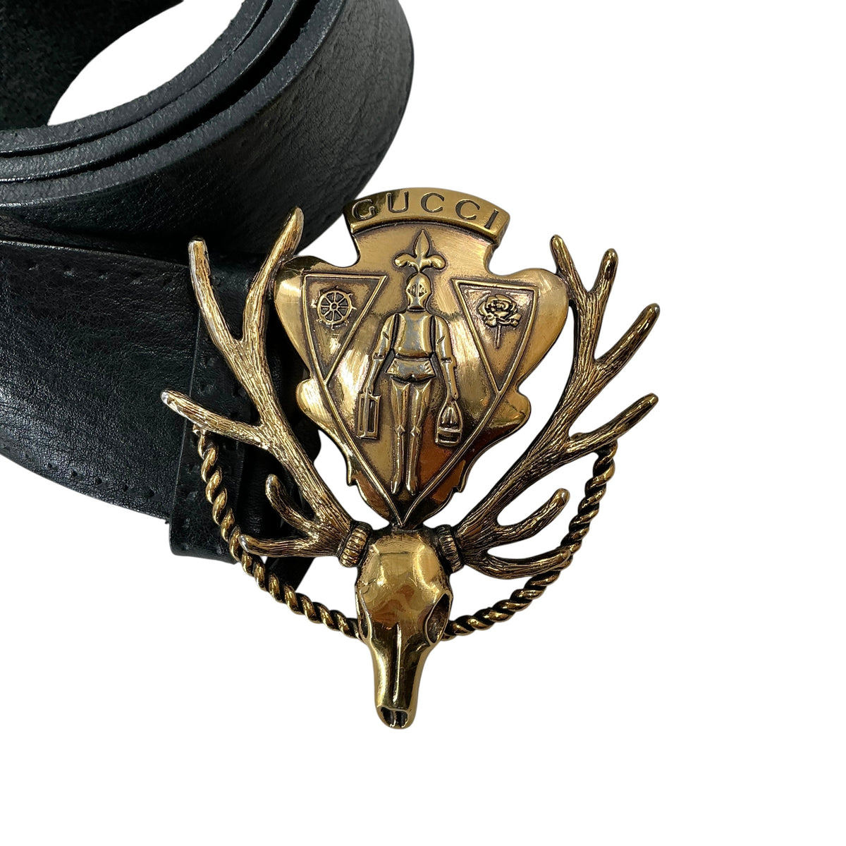 GUCCI "Hysteria" Black Leather Belt with Antiqued Gold Stag Skull Crest Buckle