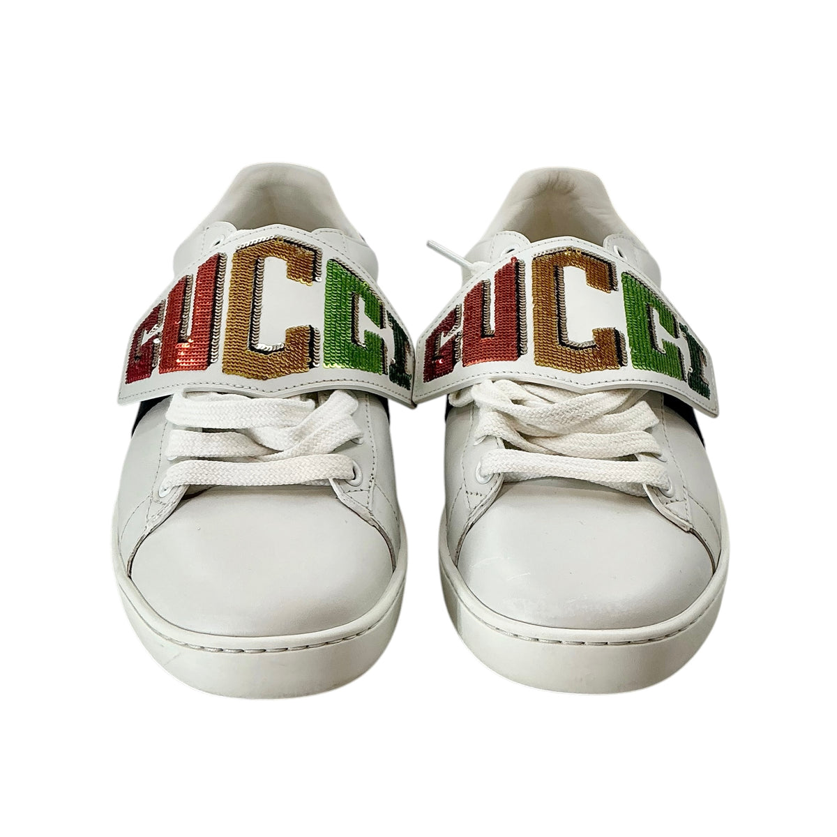 Gucci Ace White Leather Sequin Rainbow Logo Sneakers