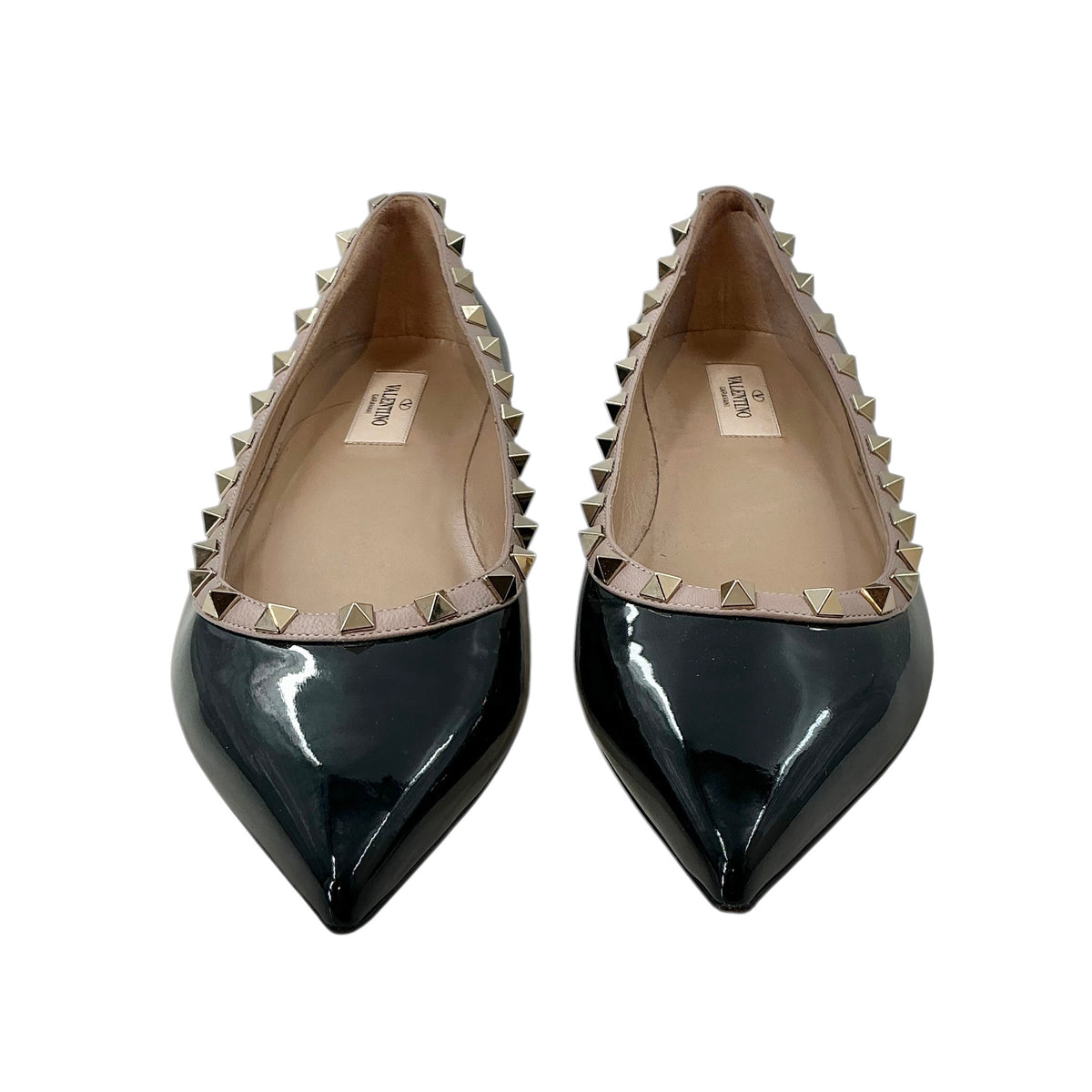 Valentino Garavani Rockstud Patent Leather Pointed Toe Ballet Flats Black Poudre