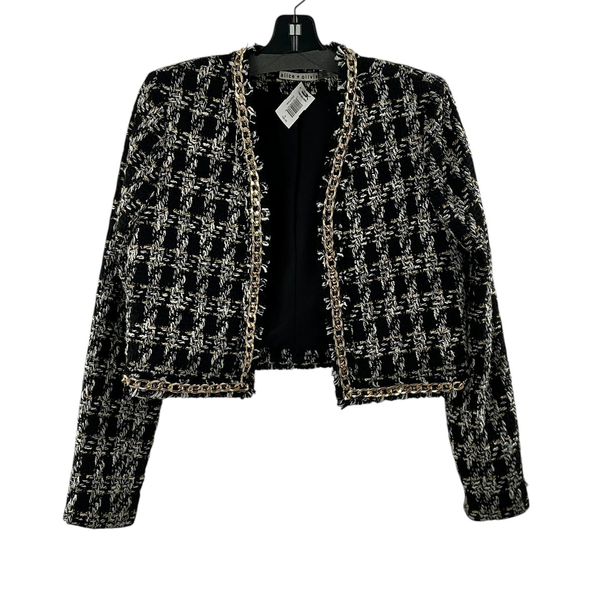 Alice + Olivia Black & White Tweed Chain-Link Accent Cropped Jacket
