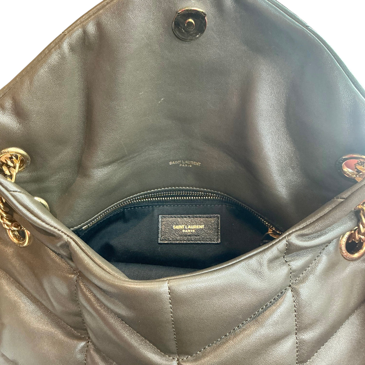 YSL Saint Laurent Small Loulou Puffer Bag in Olive Green Lambskin with Gold Hardware