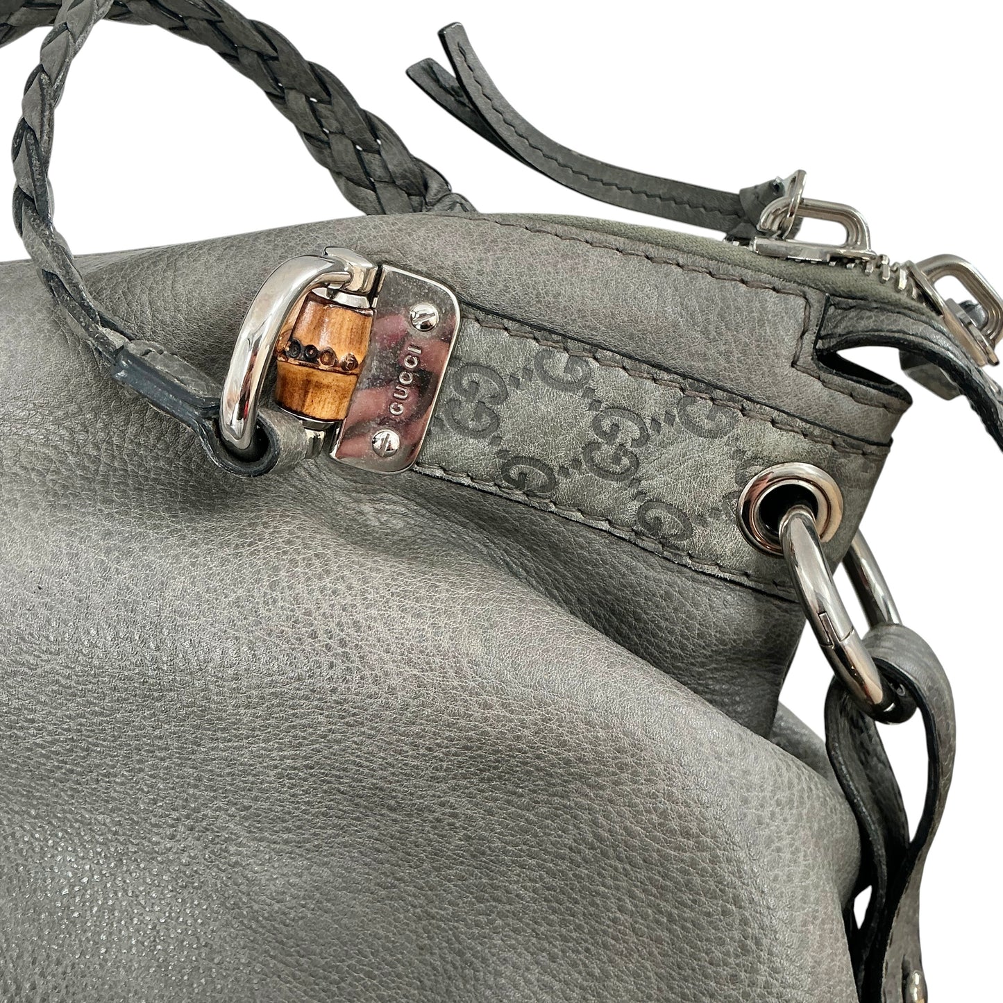 Gucci Grey Leather Bamboo Bar Large Shoulder Bag with Braided Handle
