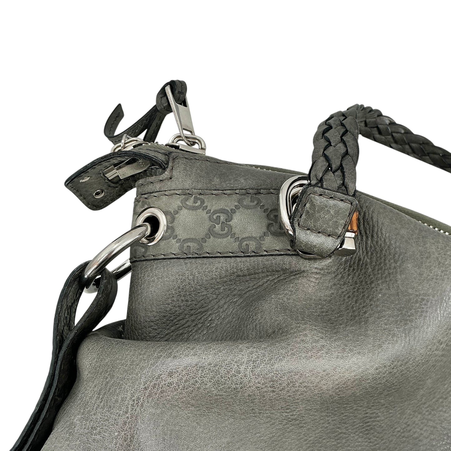 Gucci Grey Leather Bamboo Bar Large Shoulder Bag with Braided Handle