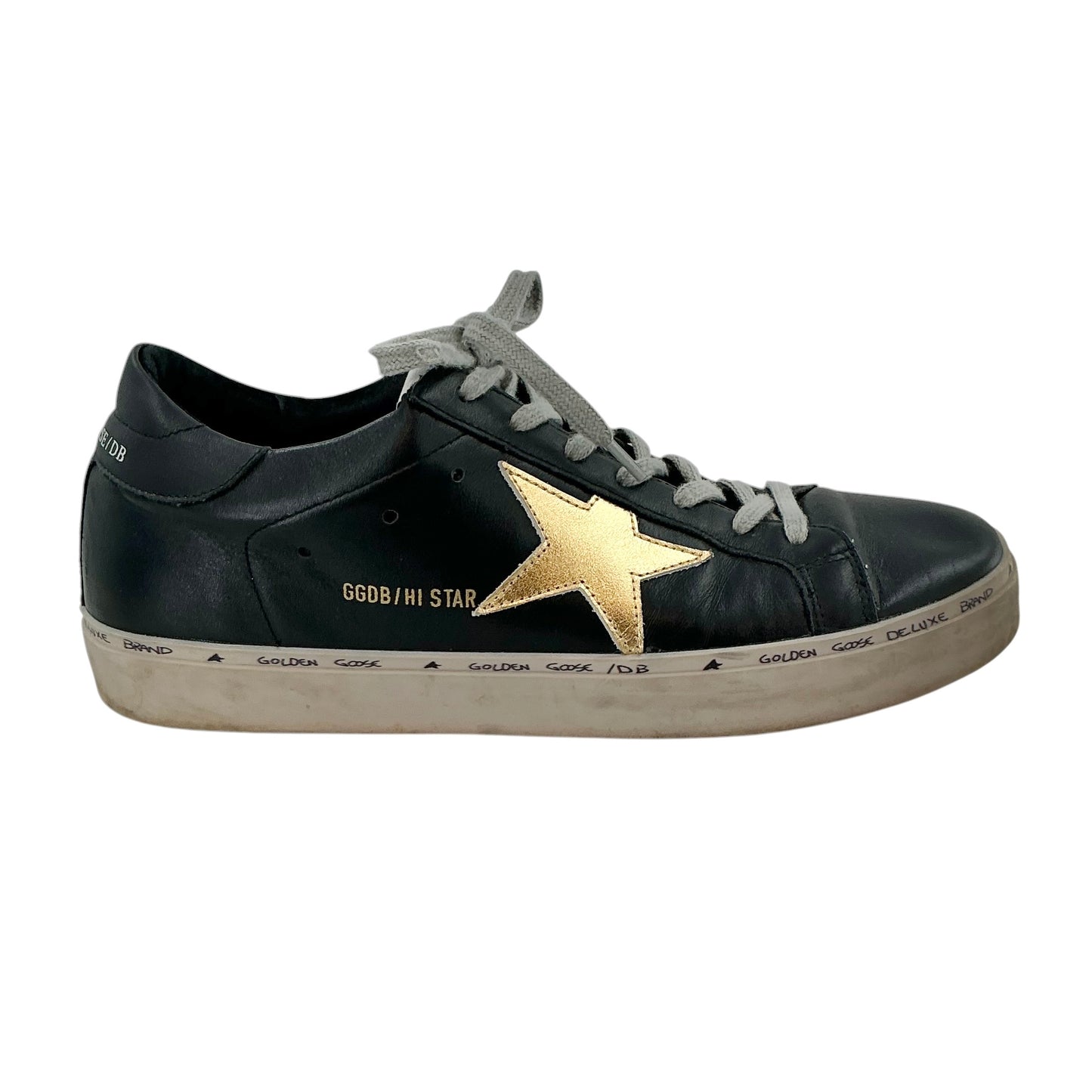 Golden Goose Hi Star Black Leather Metallic Gold Star Sneakers