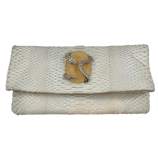 Roberto Cavalli White Python Snake Motif Fold-Over Clutch Bag