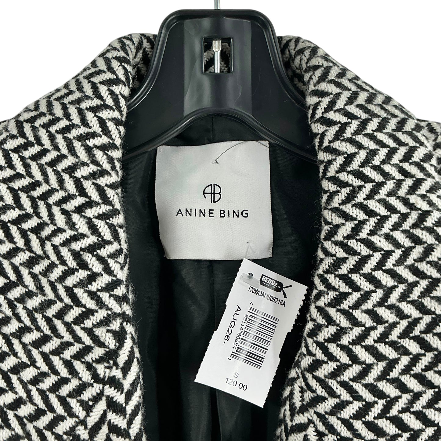 Anine Bing Fishbone Double-Breasted Blazer Jacket - Black & Off-White Chevron
