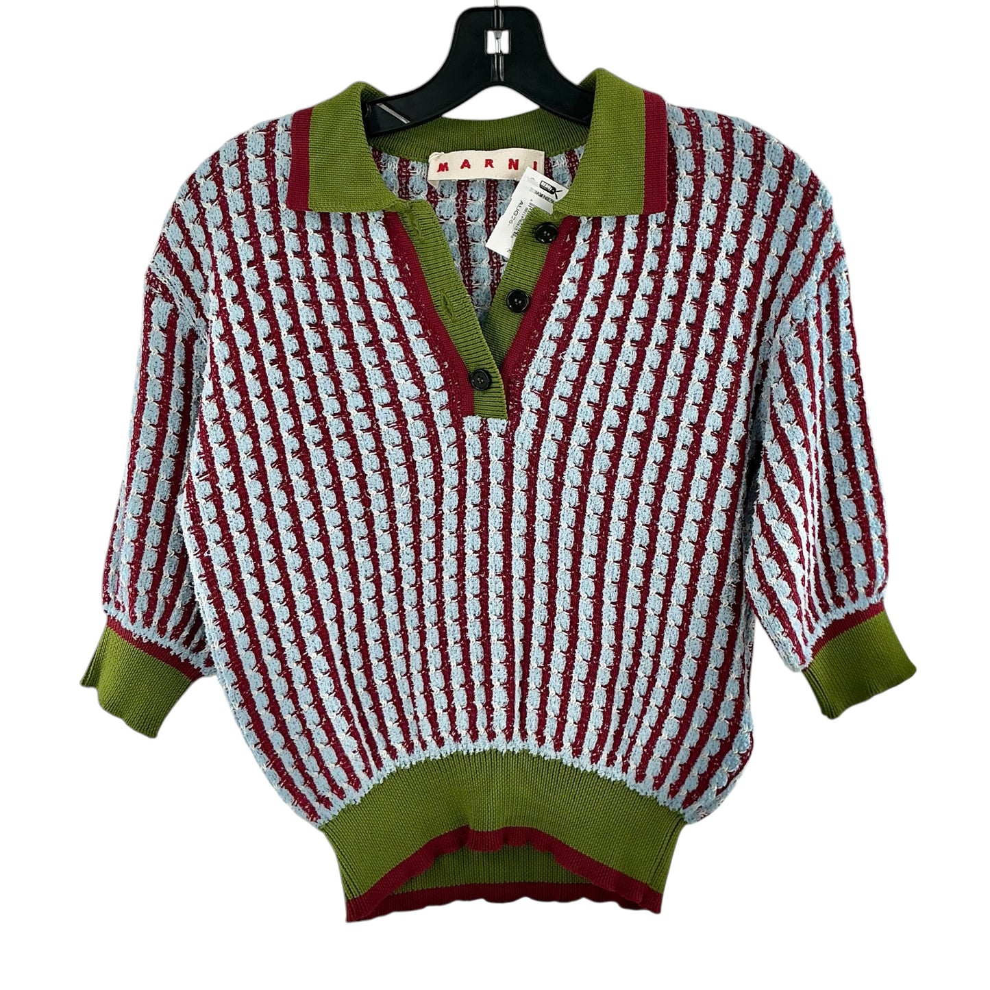 MARNI Cropped Textured Stripe Knit Polo Sweater - Green/Red/Light Blue