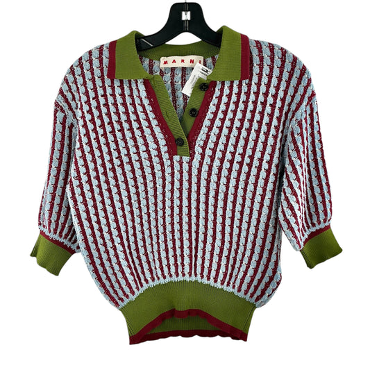 MARNI Cropped Textured Stripe Knit Polo Sweater - Green/Red/Light Blue