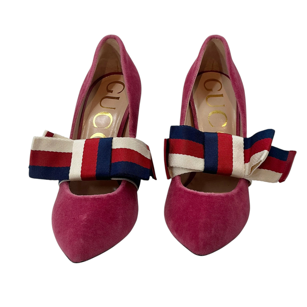 Gucci Pink Velvet Sylvie Web Bow Pumps