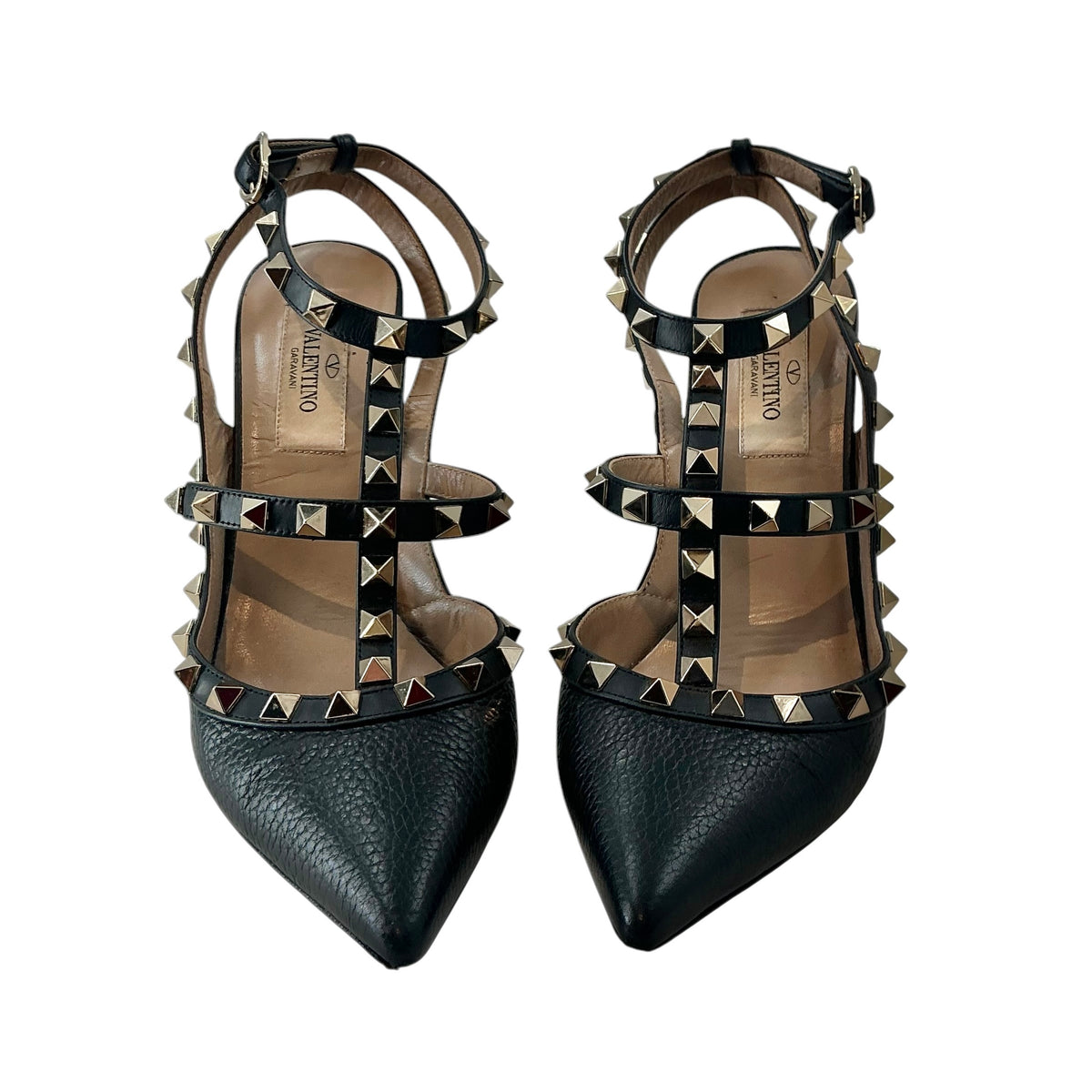 Valentino Garavani Rockstud Caged Leather Ankle Strap Pumps Black