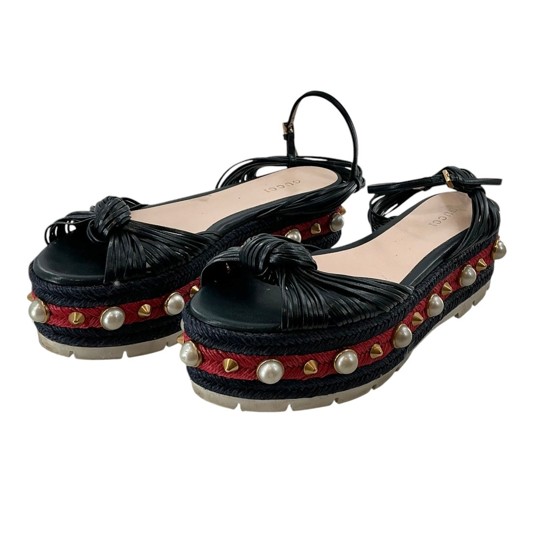 Gucci Barbette Navy Leather & Red Canvas Studded Platform Sandals