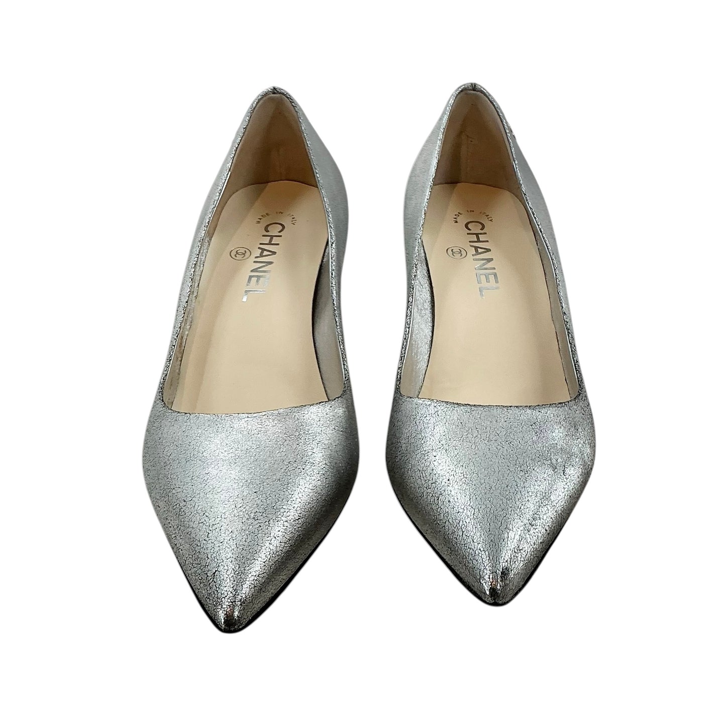 CHANEL Metallic Silver Distressed Leather Pointed Toe Kitten Heels
