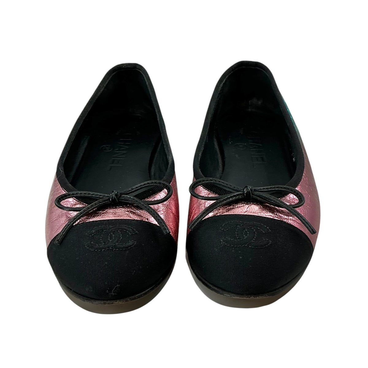 CHANEL Laminated Calfskin Grosgrain Cap Toe CC Ballerina Flats Size 36.5 Multicolor