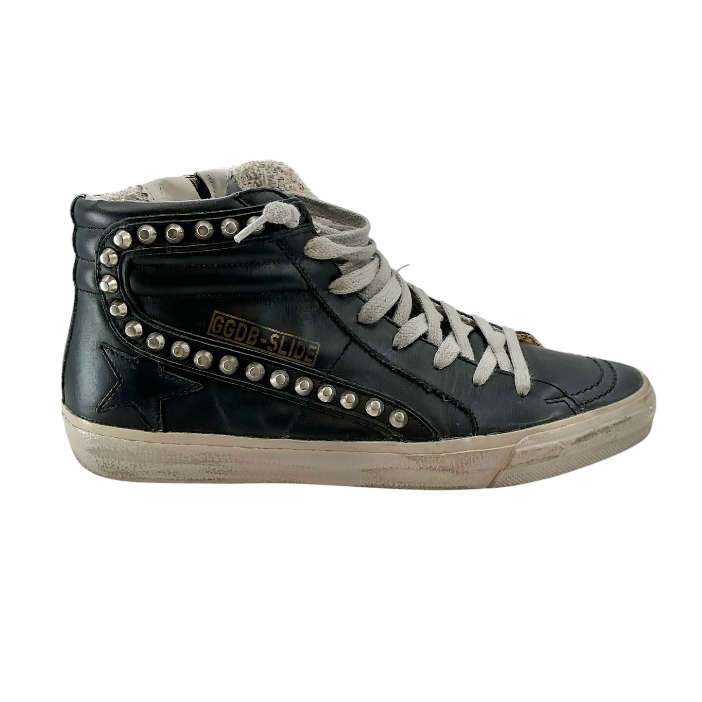 Golden Goose Black Leather Studded Slide High Top Sneakers