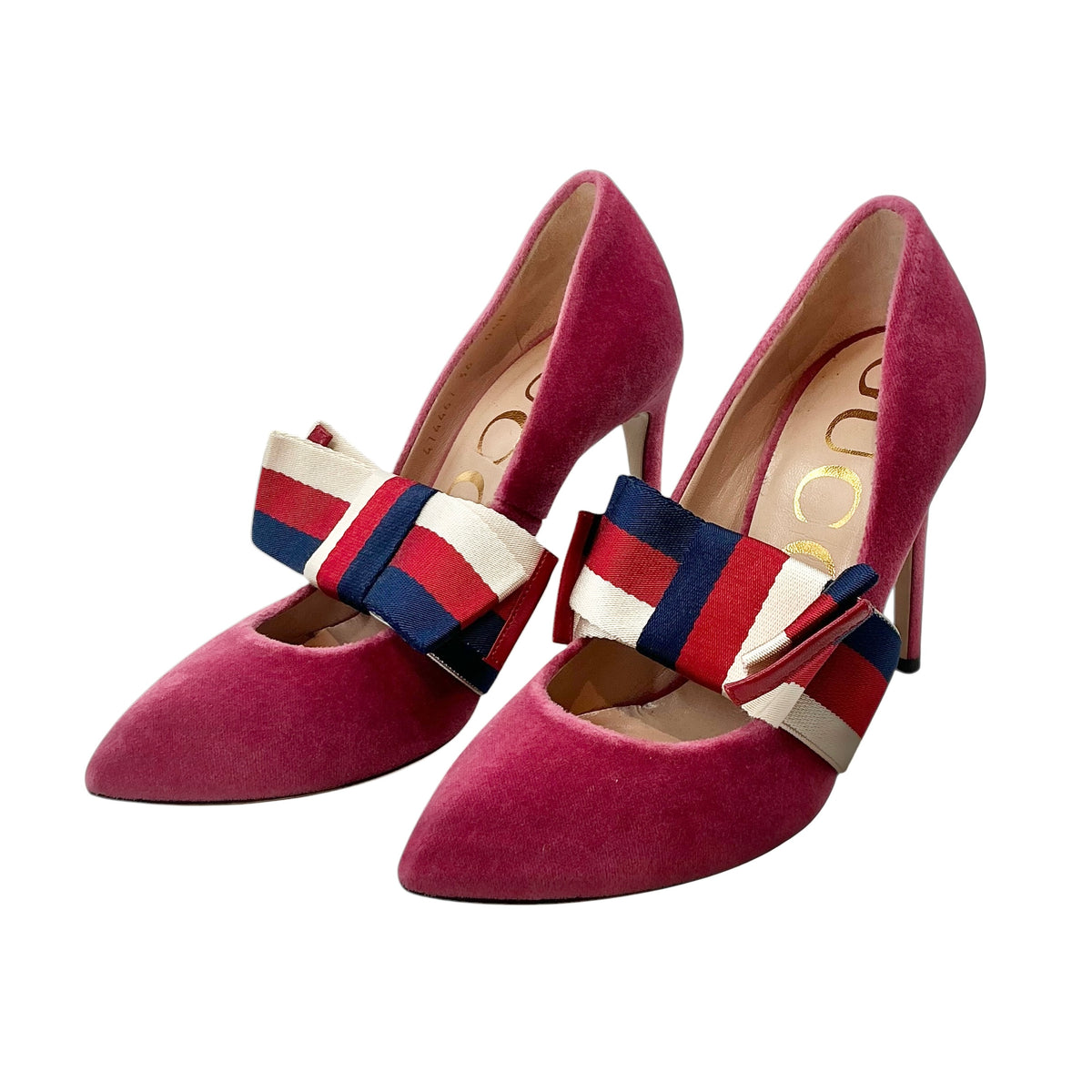 Gucci Pink Velvet Sylvie Web Bow Pumps