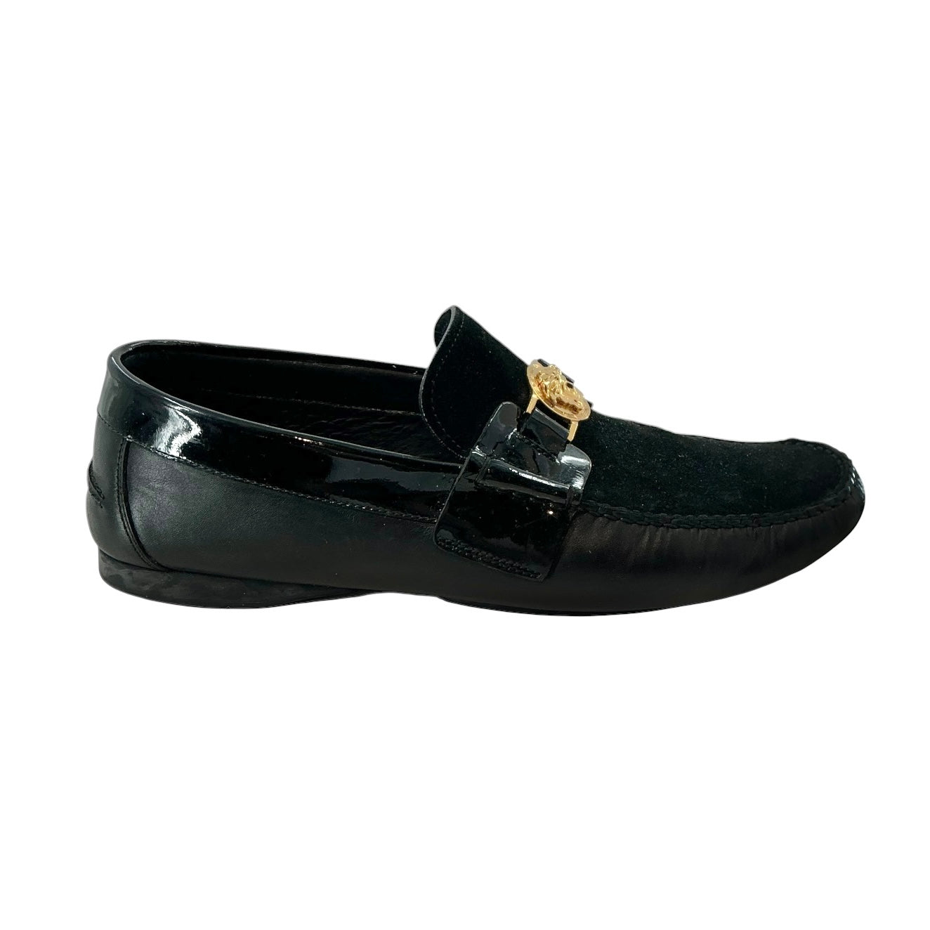 Versace Black Suede & Patent Leather Medusa Loafers