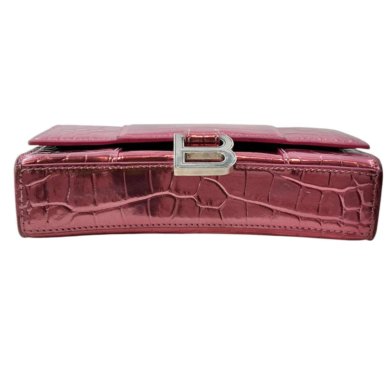 Balenciaga Hourglass Chain Wallet – Metallic Pink Crocodile-Embossed Leather