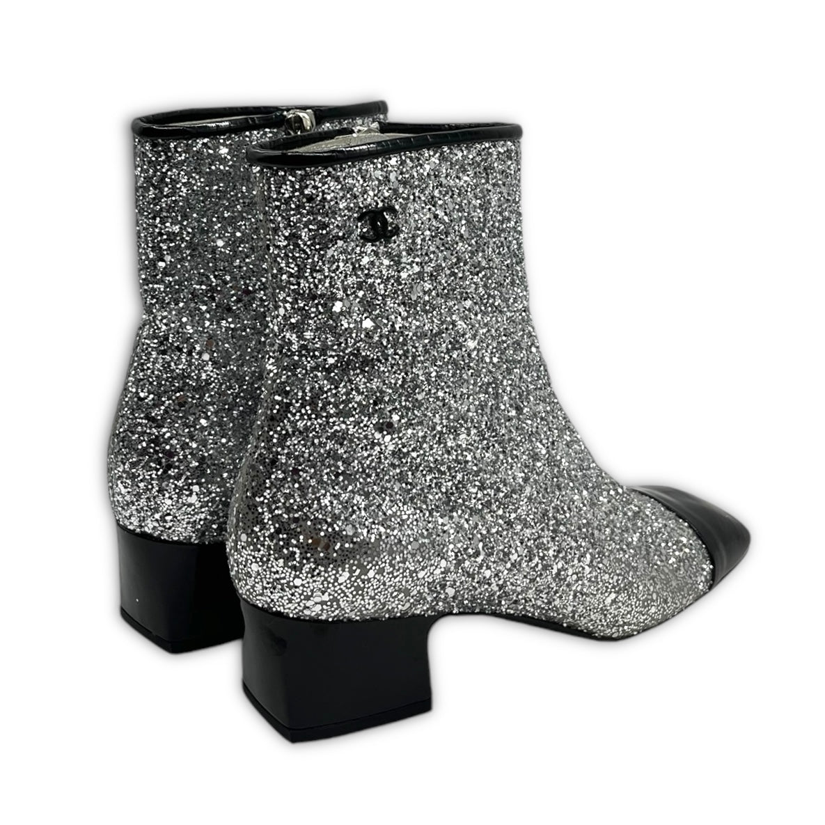 Chanel Glitter Patent Cap Toe Short Boots