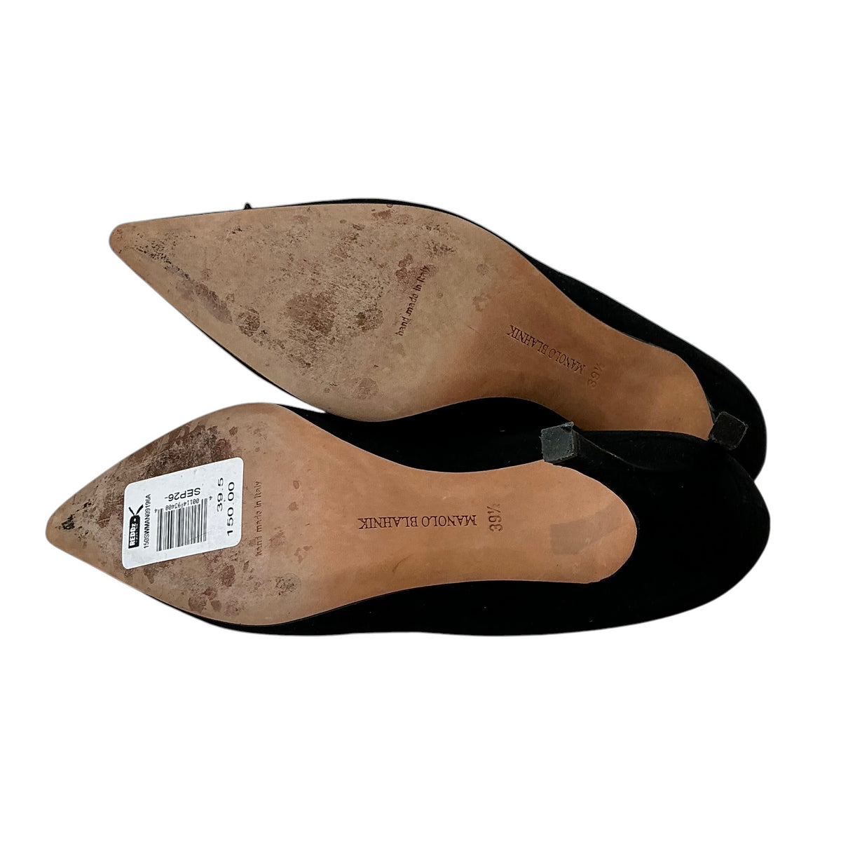 Manolo Blahnik Black Suede Lisa Flower Applique Pointed Toe Pumps