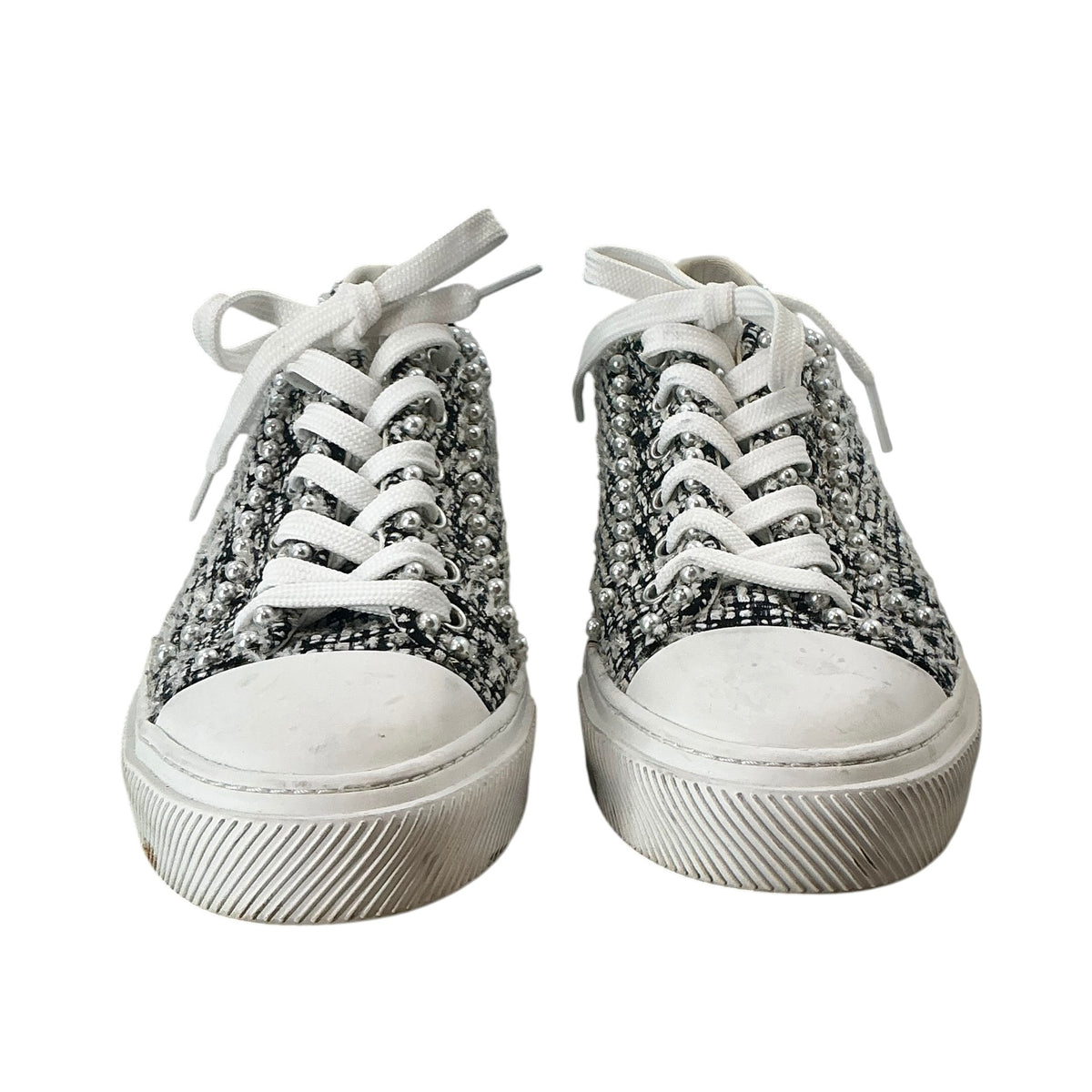 Stuart Weitzman Ollie Low Top Pearl Tweed Sneakers Black White