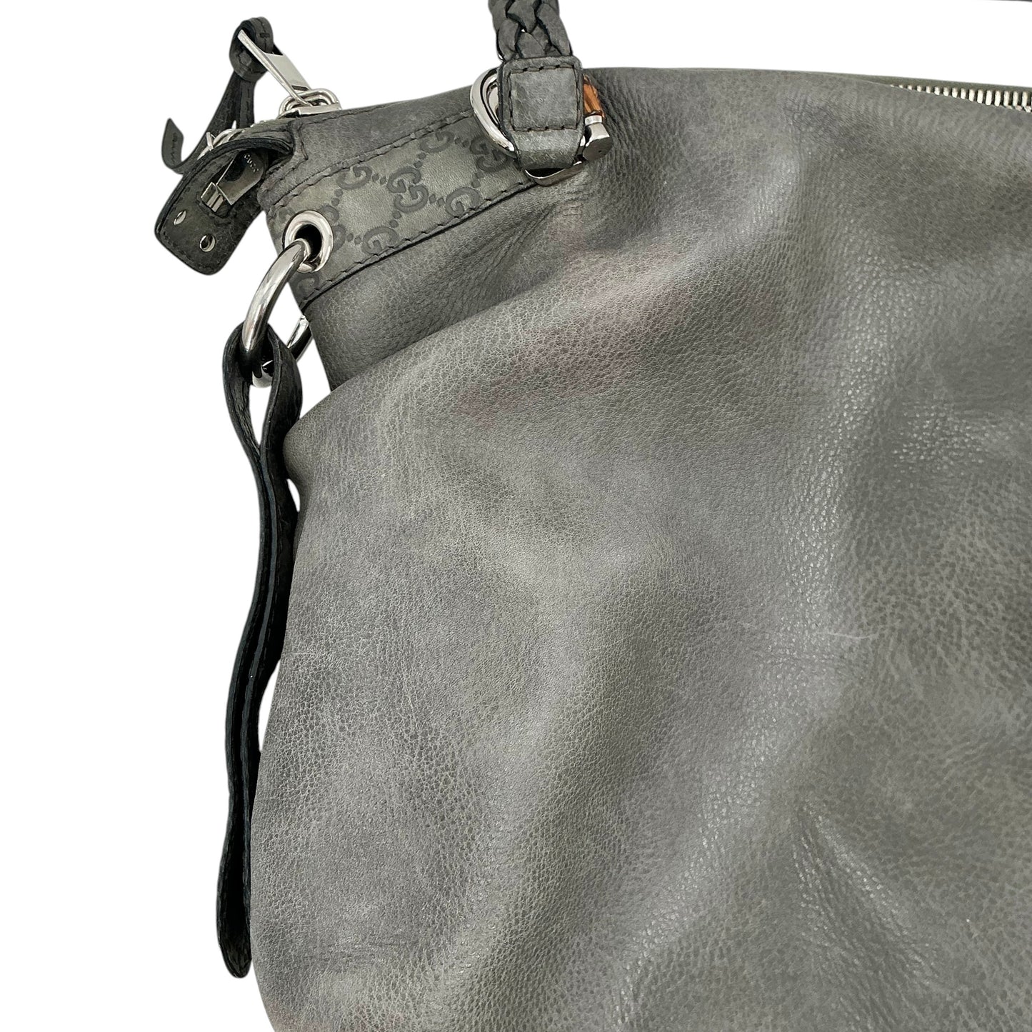Gucci Grey Leather Bamboo Bar Large Shoulder Bag with Braided Handle