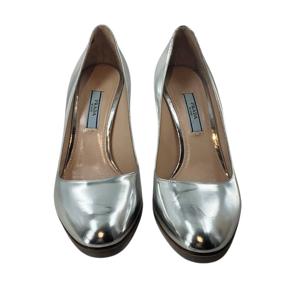 Prada Metallic Silver Block Heel Pumps