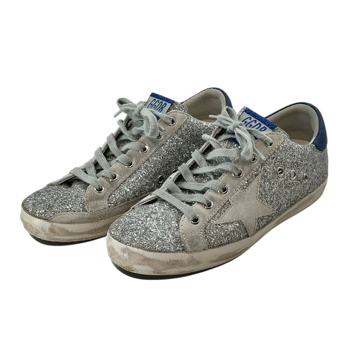 Golden Goose Superstar Silver Glitter Sneakers Blue Leather Heel