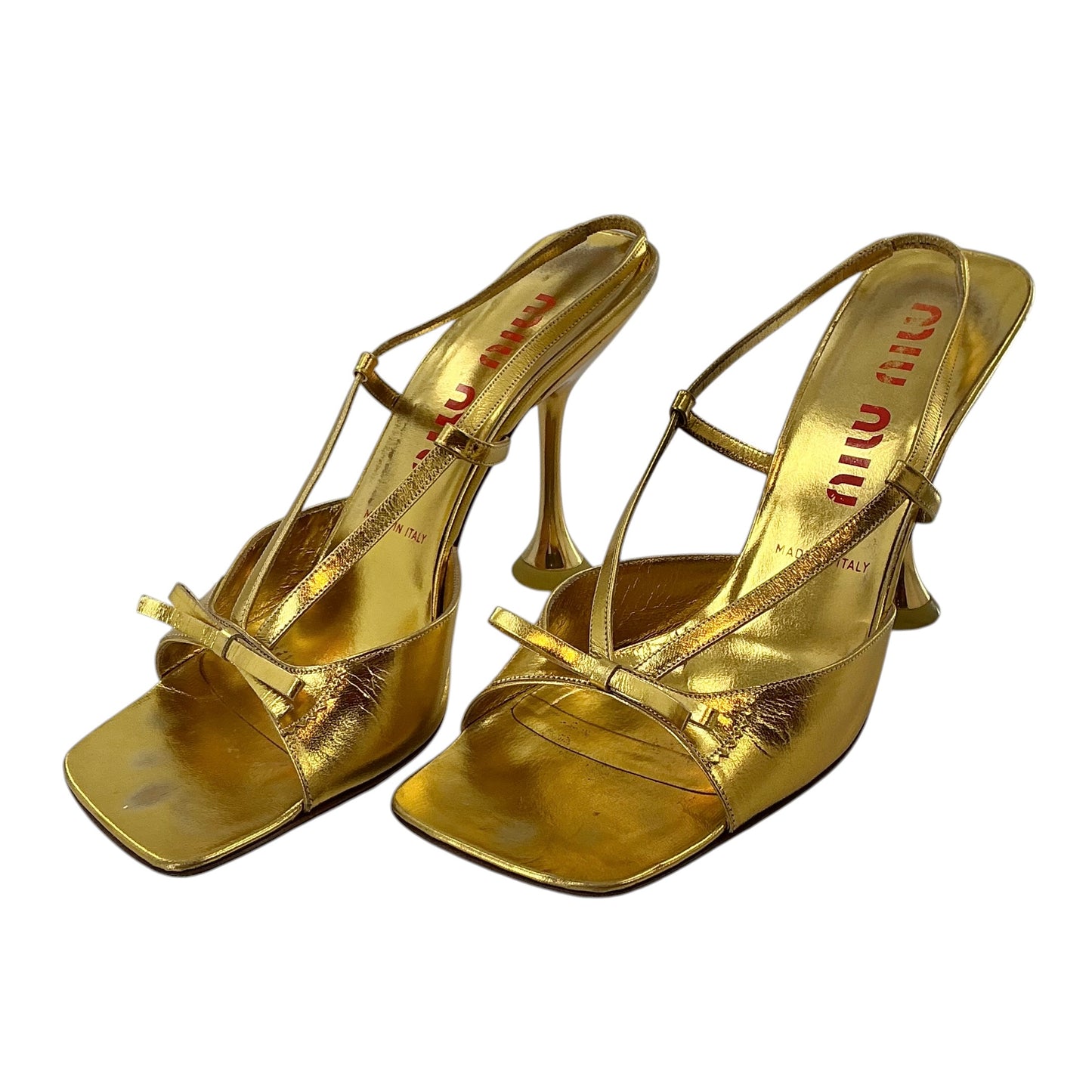 Miu Miu Gold Metallic Strappy Slingback Sandals