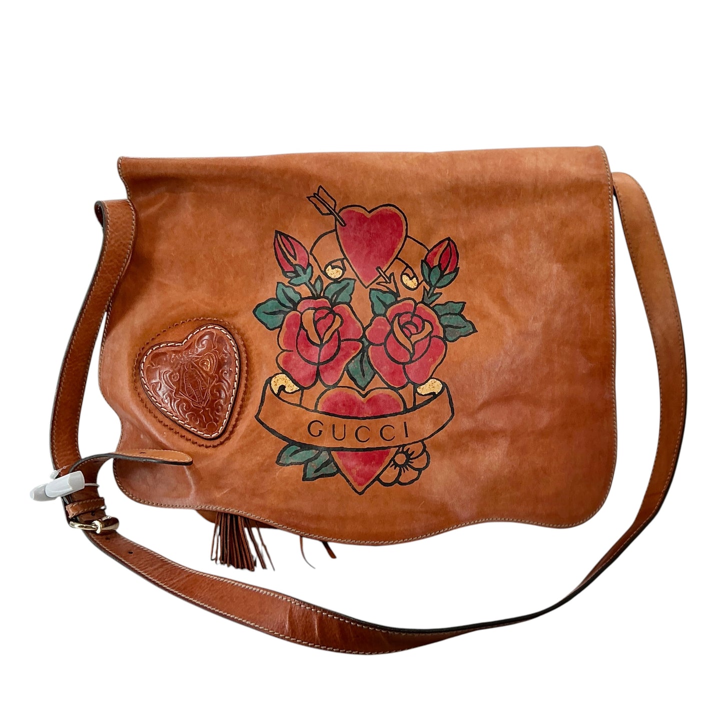 Gucci Limited Edition Tan Leather Tattoo Heart Tribeca Messenger Bag