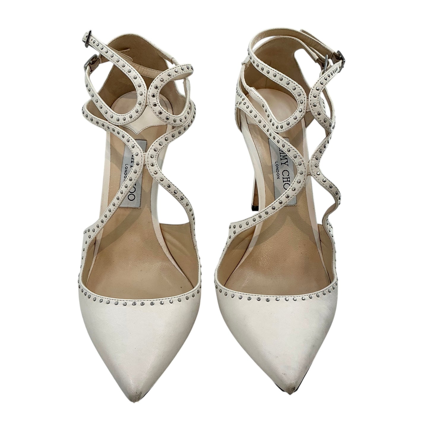 Jimmy Choo White Studded Leather Lancer 100 Strappy Pointed Toe Pumps