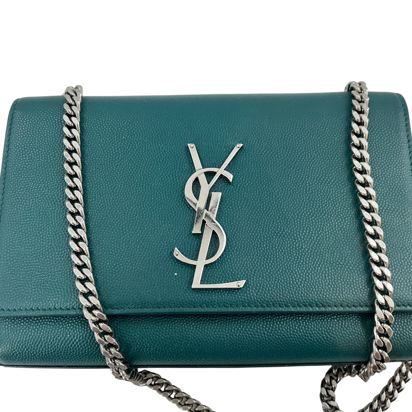 Saint Laurent (YSL) Medium Kate Chain Bag in Teal/Emerald Grain de Poudre Leather with Silver Hardware