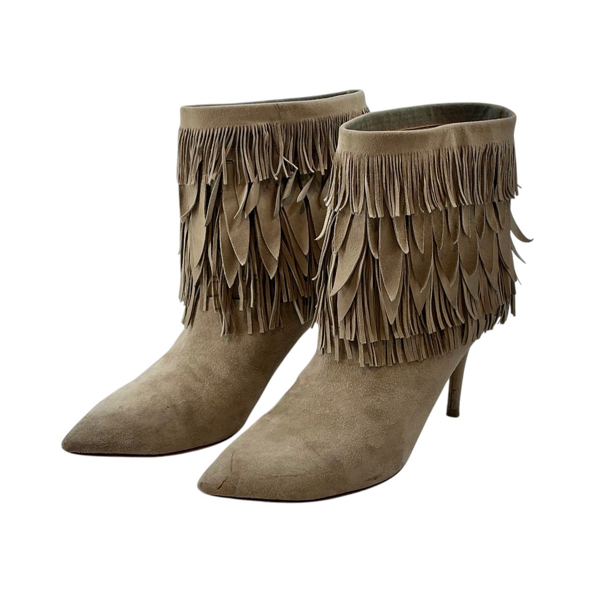 Aquazzura Sasha Tiered Leaf Fringe Suede Stiletto Booties Size