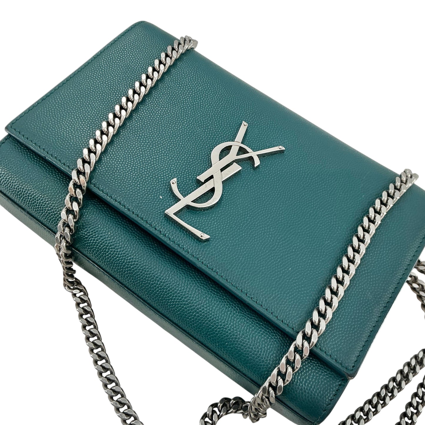 Saint Laurent (YSL) Medium Kate Chain Bag in Teal/Emerald Grain de Poudre Leather with Silver Hardware