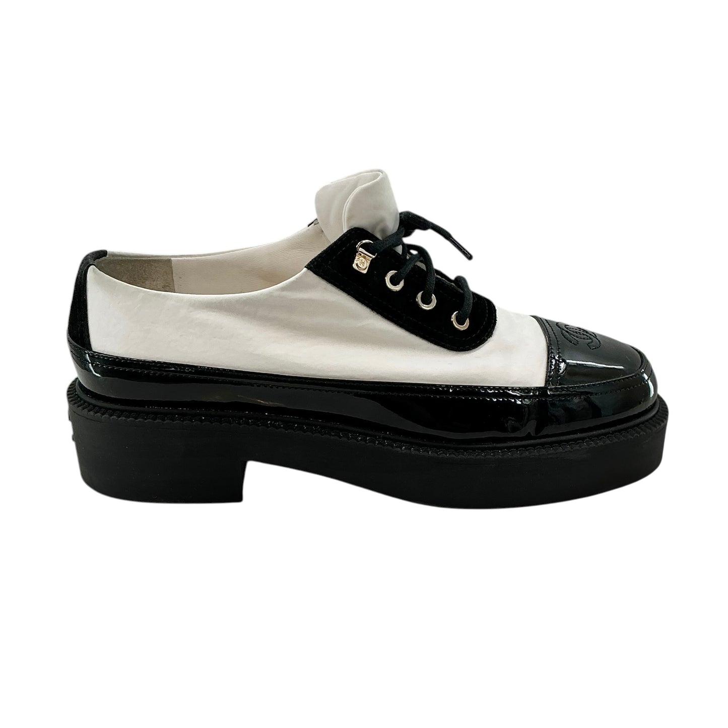 Chanel Black & White Patent Leather Platform Oxford Sneakers