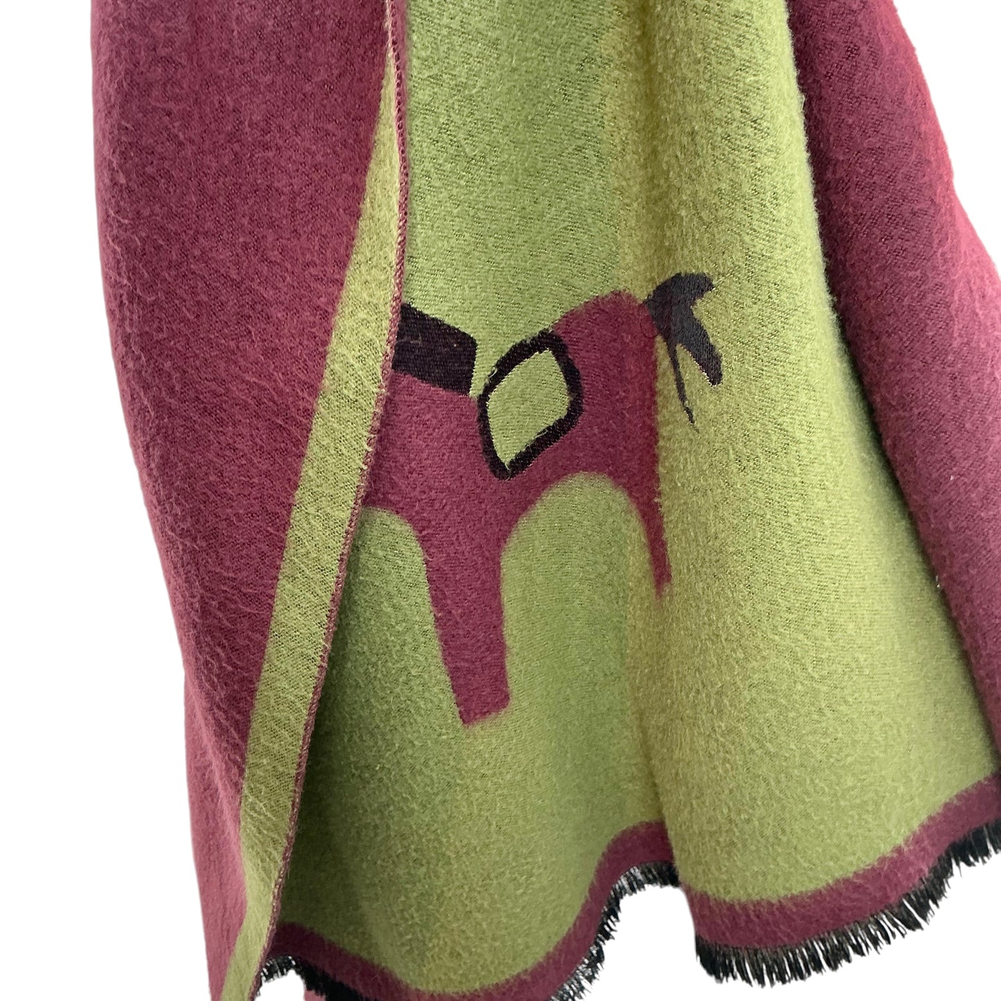 Hermès Wool Blend Poncho Blanket Wrap Scarf– Green & Burgundy Horse Motif