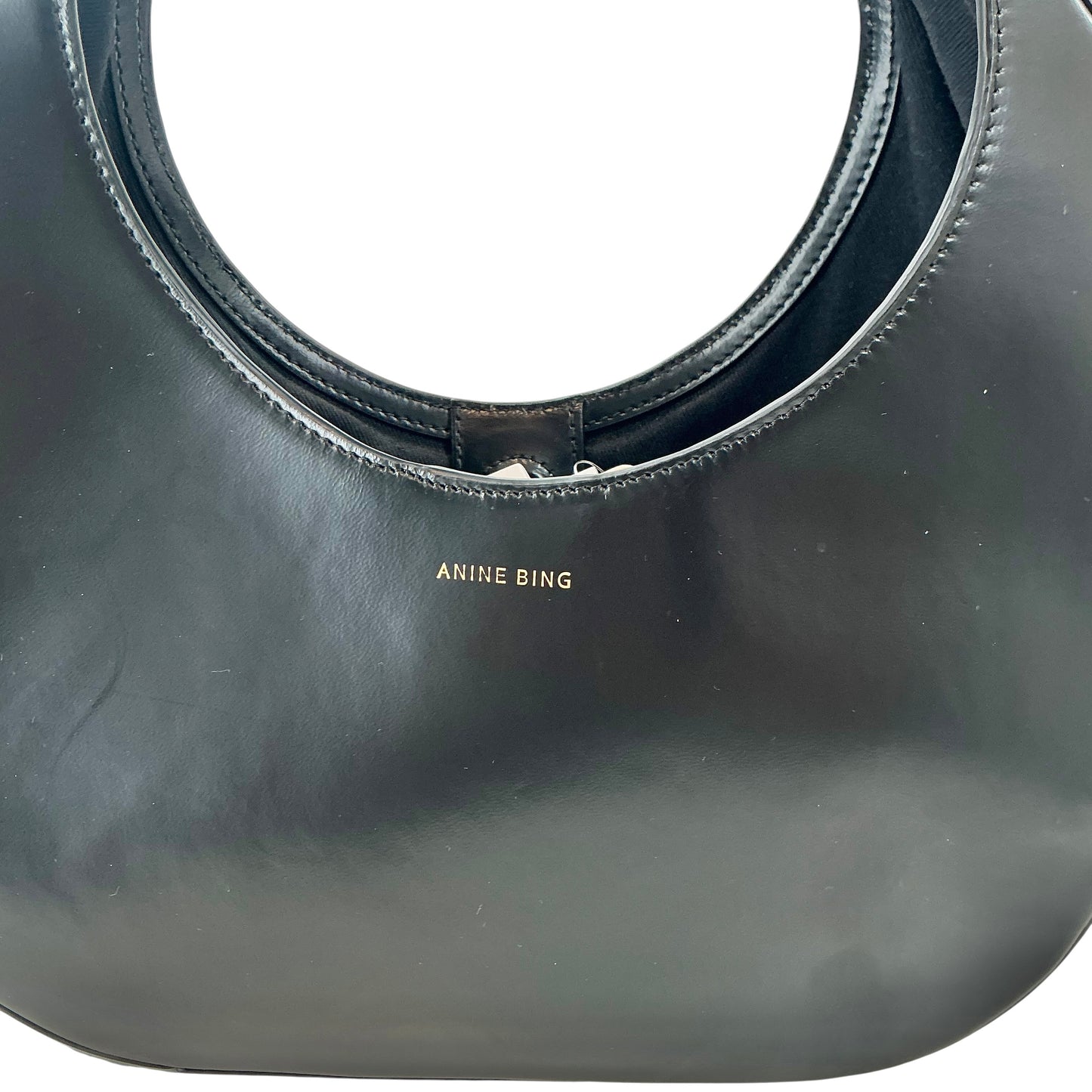 ANINE BING Luna Crescent Shoulder Bag in High-Shine Black Leather