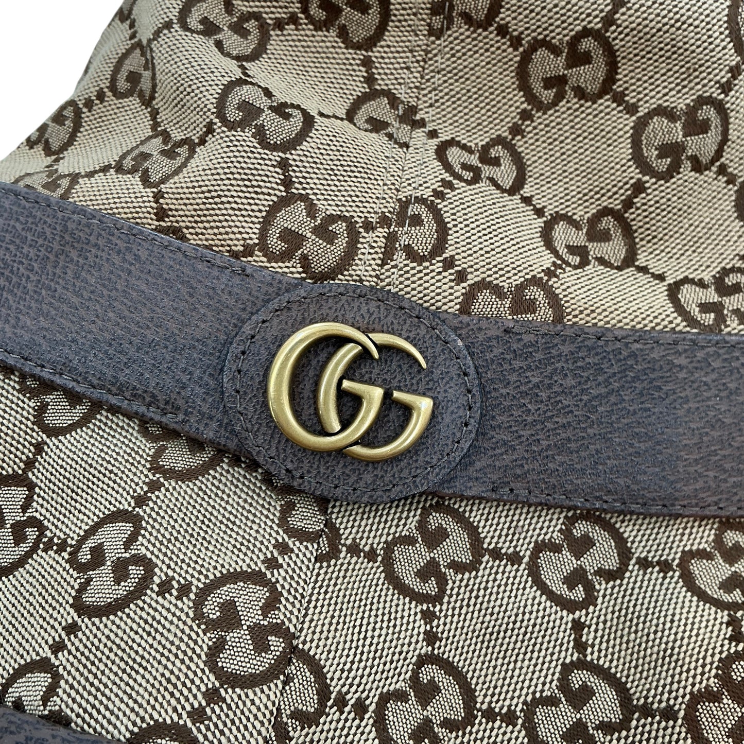 GUCCI Original GG Monogram Canvas Bucket Hat with Leather Trim