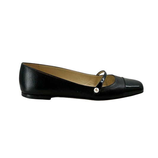 Jimmy Choo Elisa Black Leather & Patent Cap-Toe Mary Jane Ballet Flats