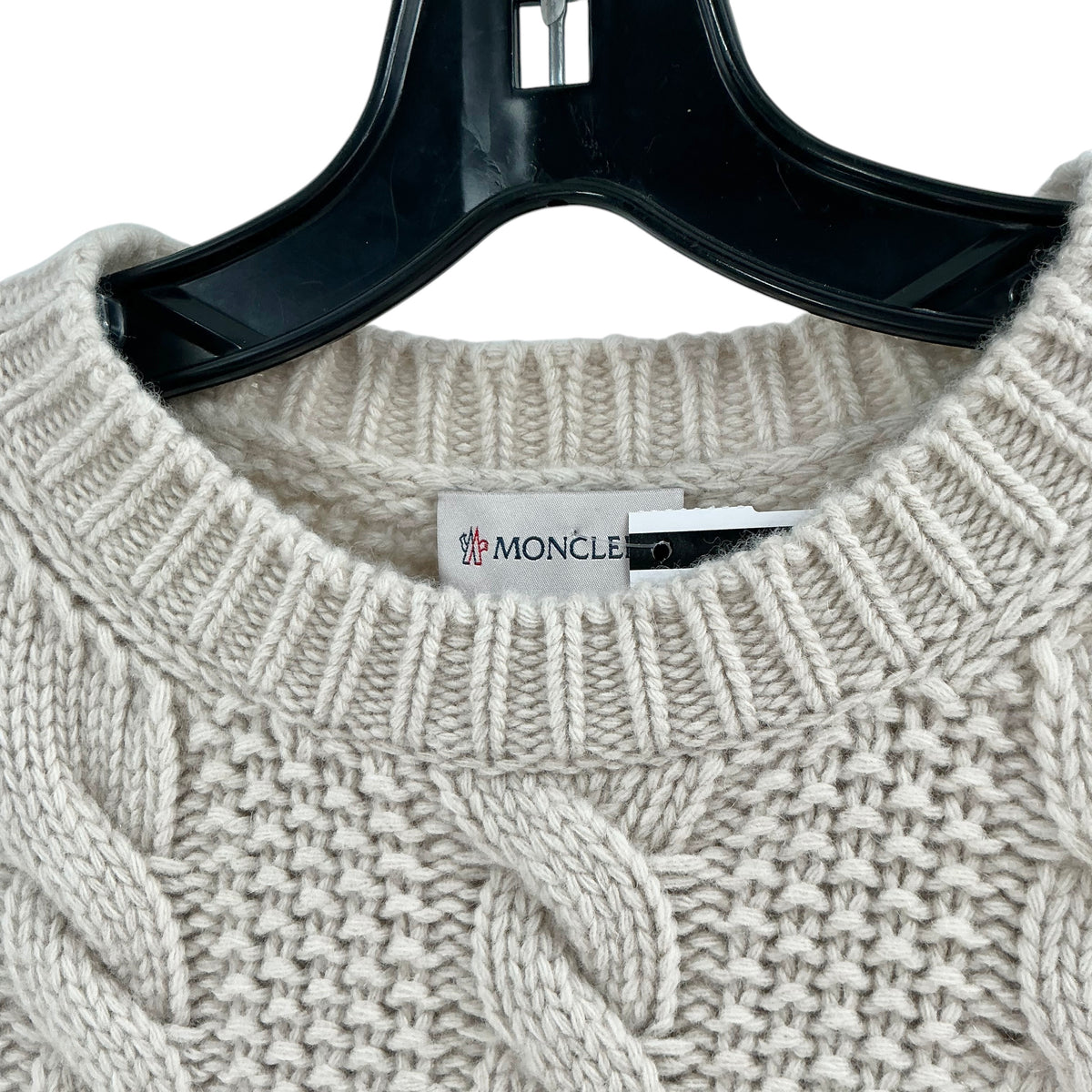 Moncler Luxury Beige Wool Cashmere Blend Cable Knit Crewneck Sweater