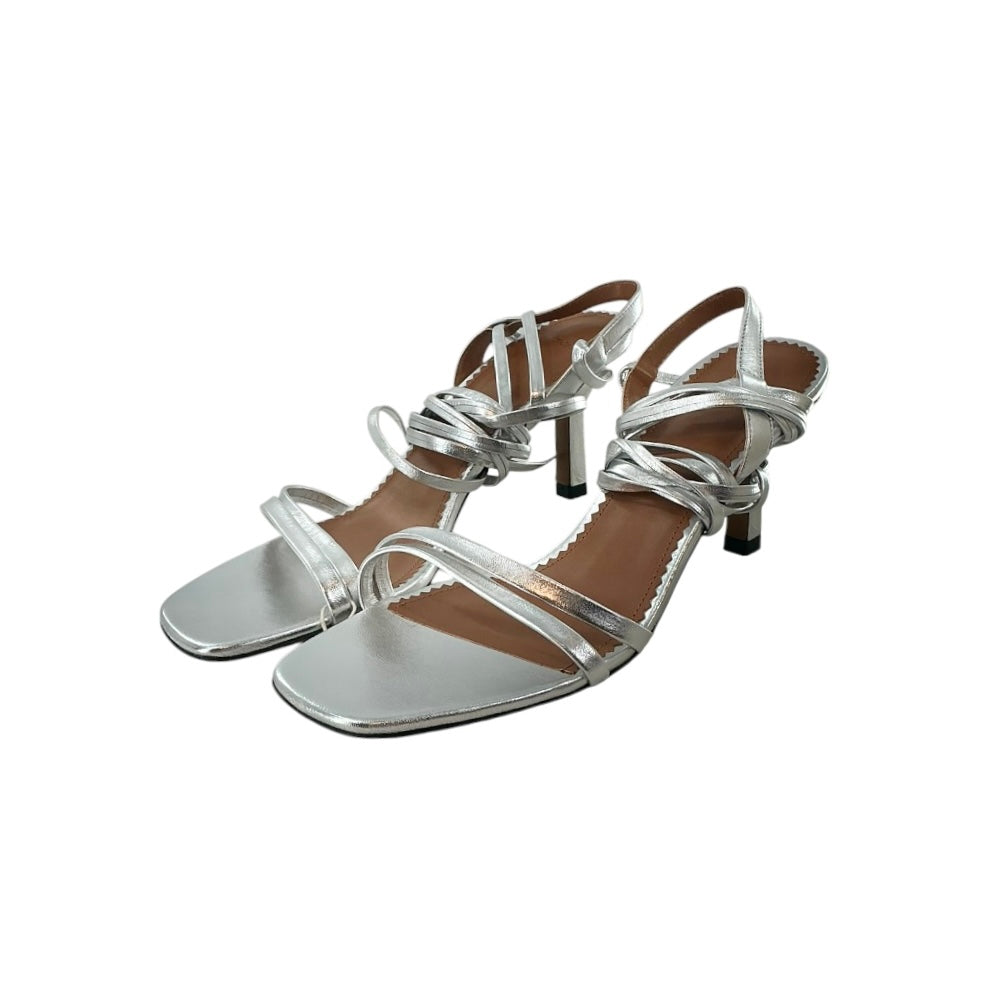 Maje Silver Metallic Leather Lace-Up Strappy Heeled Sandals