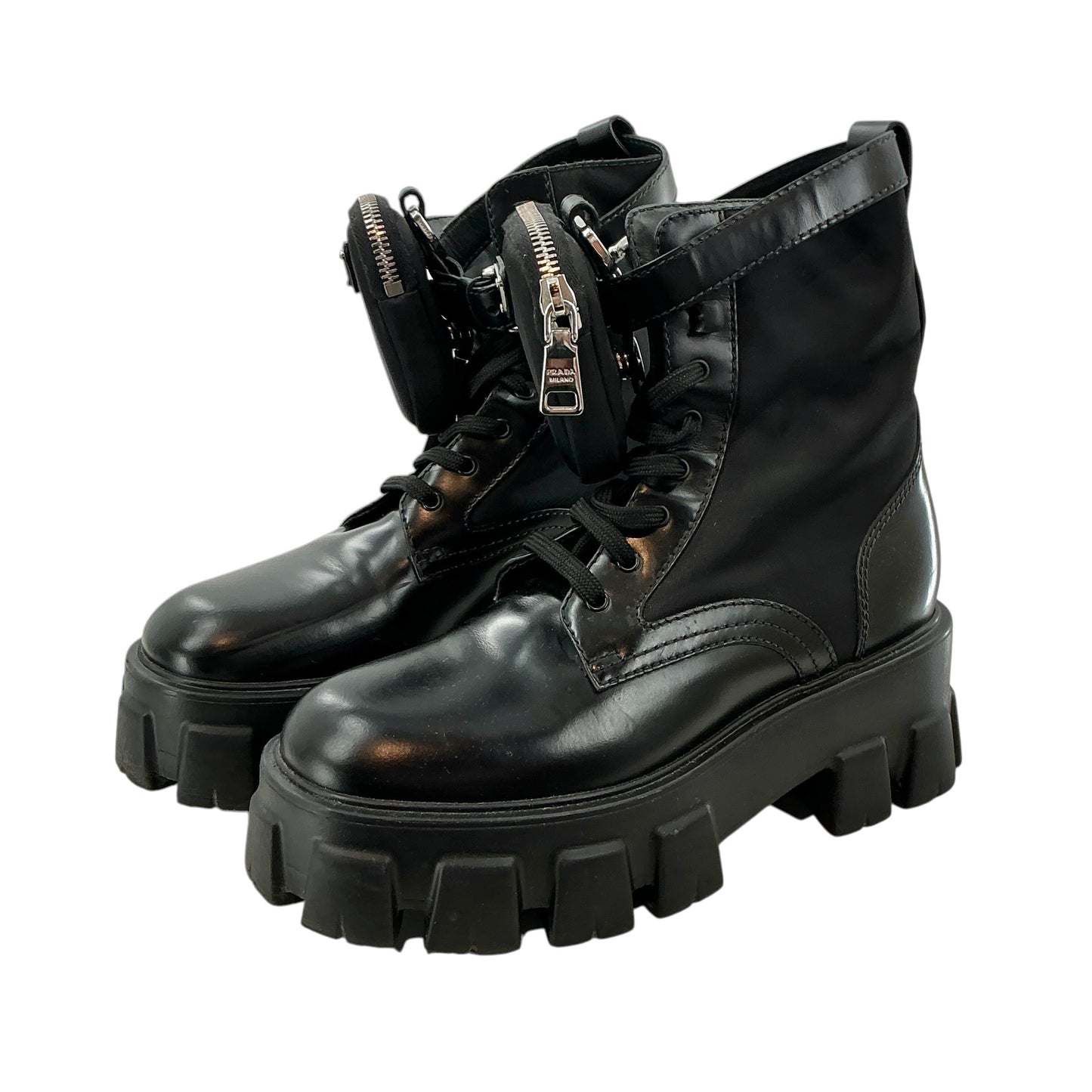 Prada Black Monolith Brushed Leather and Re-Nylon Combat Boots