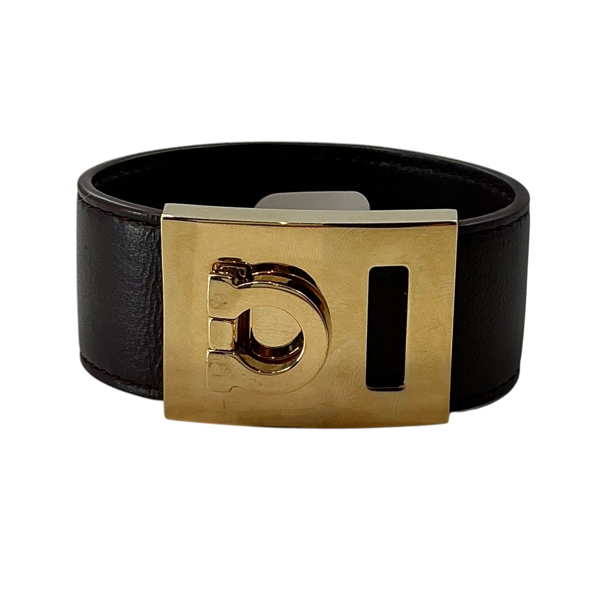 Ferragamo Gancini Wide Dark Burgundy Leather Buckle Cuff Bracelet